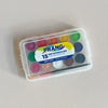 A mini kit of fifteen different watercolor pigments and a mini paintbrush in a clear plastic case with 'Prang' branding info. 