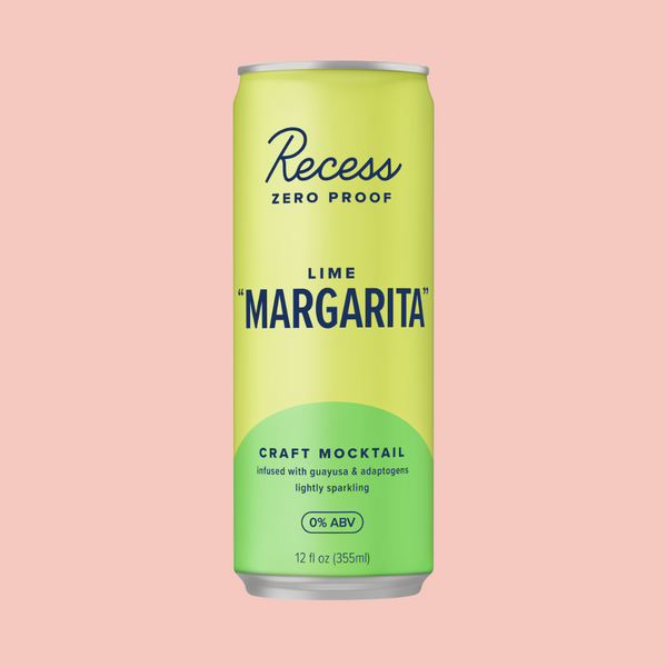 Green can of Recess Lime Margarita craft mocktail on a pink background