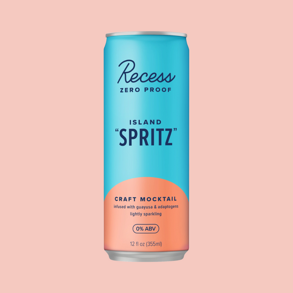 Recess Island Spritz craft mocktail can on a pink background