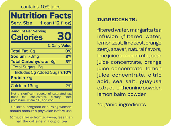 Nutrition facts and ingredients label for a margarita tea product.
