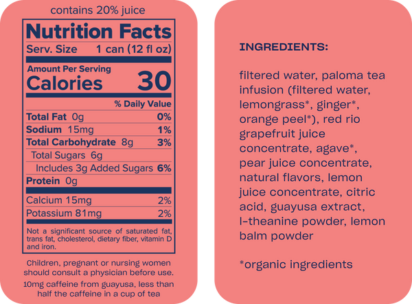 Nutrition facts and ingredients label on a pink background