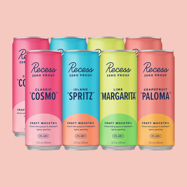 Set of colorful Recess zero proof craft mocktail cans on a pink background