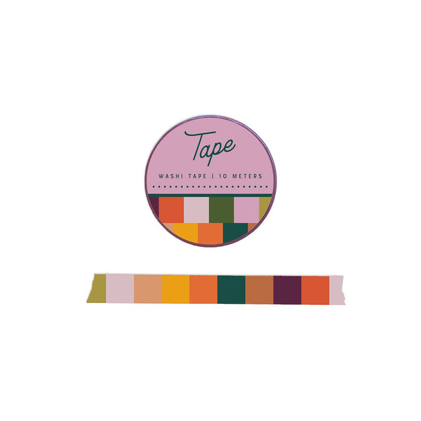 A roll of autumnal multicolor washi tape with a pink label reading 'Tape' and a matching strip of tape shown below on a white background.