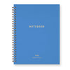 Blue notebook journal with gold foil print and wire binding on a white background.