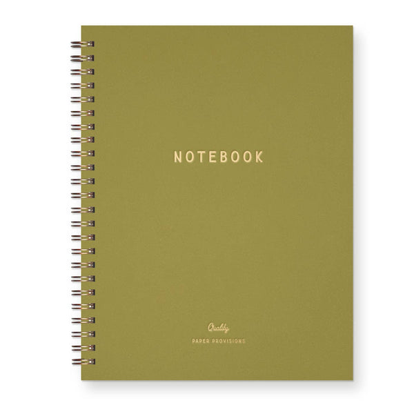 Green notebook with 'Notebook' gold foil text on a white background
