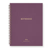 A plum purple spiralbound lined with "NOTEBOOK" gold foil printed across the center against a white background.