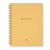 A yellow spiral-bound notebook with 'NOTEBOOK' gold foil printed in the center and 'Quality PAPER PROVISIONS' at the bottom, shown on a white background.