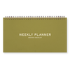 Green weekly planner with 'Weekly Planner' gold foil text on a white background
