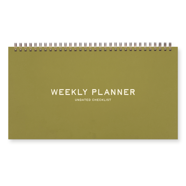 Green weekly planner with 'Weekly Planner' gold foil text on a white background