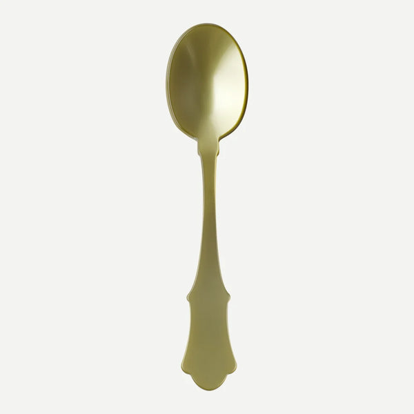 A large moss green acrylic serving spoon against a white background. 