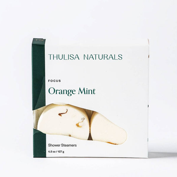Thulisa Naturals Orange Mint shower steamers packaging on a white background