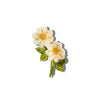A hair claw in the shape of a white, yellow, and green pair of daisies against a white background. 