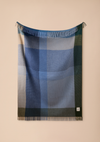 A woven plaid blanket with fringe on both ends, displayed hanging against a solid beige wall. The blanket features a color-blocked plaid pattern in shades of blue, navy, green, and beige.