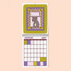 A spiral-bound 2027 wall calendar page featuring a decorative dog illustration in a purple and yellow border design, shown against a pale peach background.
