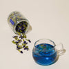 Blue butterfly pea flower tea in a glass mug with a jar of tea leaves on a light background