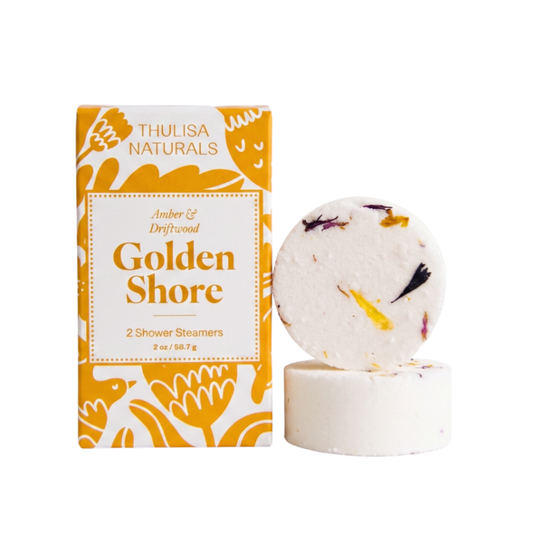 Thulisa Naturals Golden Shore shower steamers with packaging on a white background