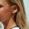 A close-up side profile of a woman with blonde hair wearing a pair of long silver dangle earrings, one with a small turquoise bead and one with a textured chain.