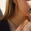 A person with blonde hair wearing a gold hoop earring with dangling fringe and other jewelry against a white stucco wall.