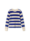 A long-sleeve crewneck velvet pullover with horizontal blue and cream stripes, featuring a small embroidered whale logo on the left chest, displayed on a clean white background.