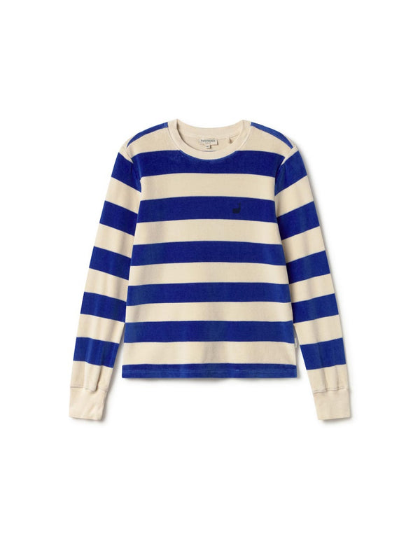 A long-sleeve crewneck velvet pullover with horizontal blue and cream stripes, featuring a small embroidered whale logo on the left chest, displayed on a clean white background.
