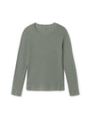 A sage green-grey lightweight long sleeve ribbed knit crewneck top against a white waill.