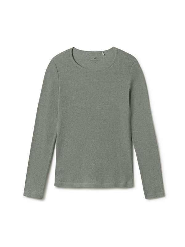 A sage green-grey lightweight long sleeve ribbed knit crewneck top against a white waill.