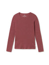 Rust red long-sleeve ribbed knit shirt on a white background