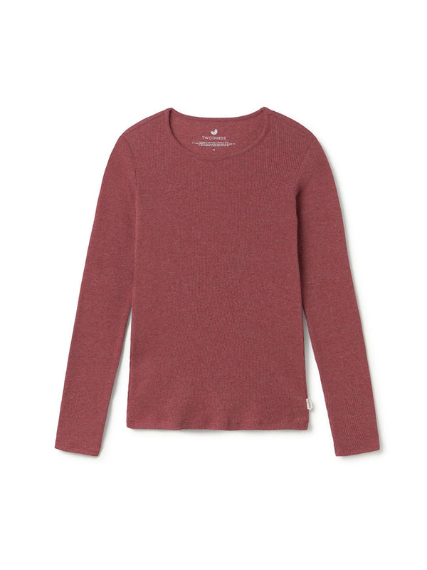 Rust red long-sleeve ribbed knit shirt on a white background