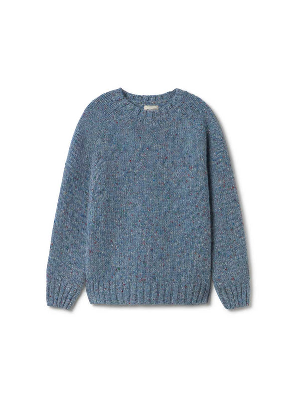 A blue marled knit wool crewneck sweater against a white backdrop.