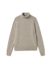 A beige knit turtleneck sweater on a white background.