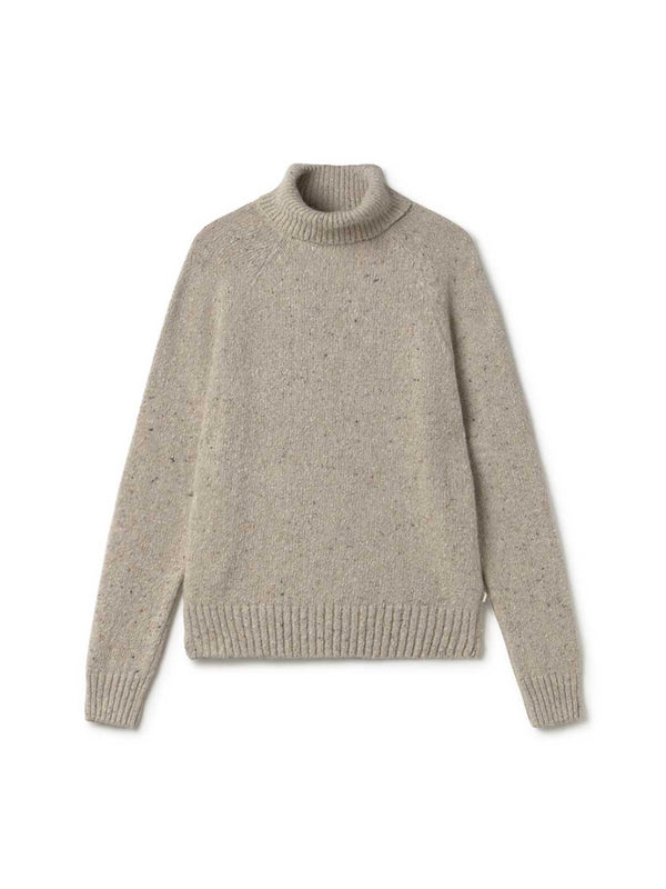 A beige knit turtleneck sweater on a white background.