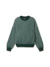 A dark green ribbed knit crewneck sweater with long sleeves, laid flat against a clean white background.