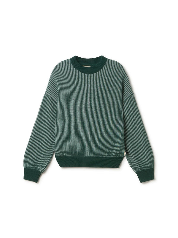 A dark green ribbed knit crewneck sweater with long sleeves, laid flat against a clean white background.