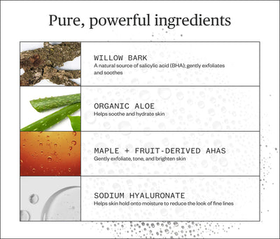 List of skincare ingredients with images and descriptions on a white background