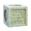 Cube-shaped green verbena soap with 'Fabrique a Marseille' text on a white background