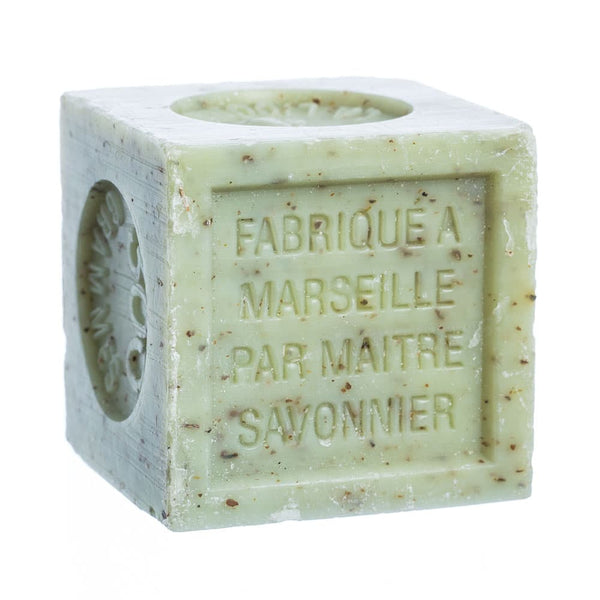 Cube-shaped green verbena soap with 'Fabrique a Marseille' text on a white background