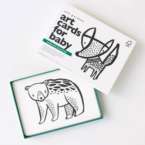 Box of 'Art Cards for Baby - Woodland Animals' with illustrations of a bear and fox on a white background