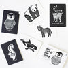 Set of black and white animal illustrations on cards with a 'art cards for baby' label.