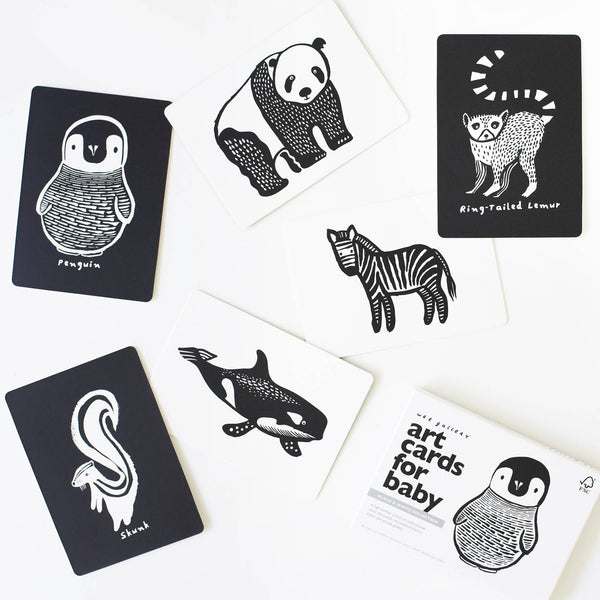 Set of black and white animal illustrations on cards with a 'art cards for baby' label.