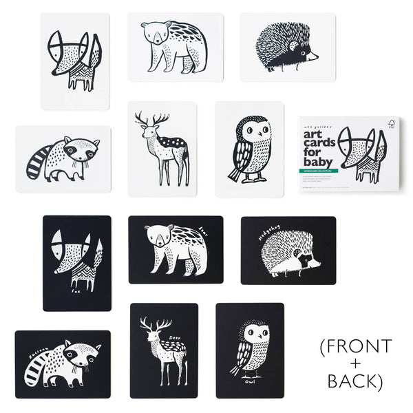 Set of black and white animal illustrations on cards with a box labeled 'Art Cards for Baby'.