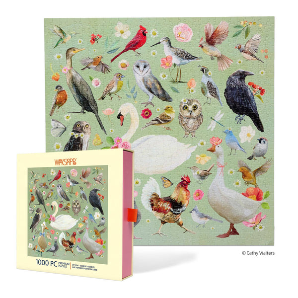 A puzzle box by Werkshoppe featuring a puzzle with a green background featuring a variety of birds.