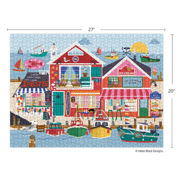 Colorful puzzle of a coastal scene with buildings and boats, featuring dimensions 27" x 20".