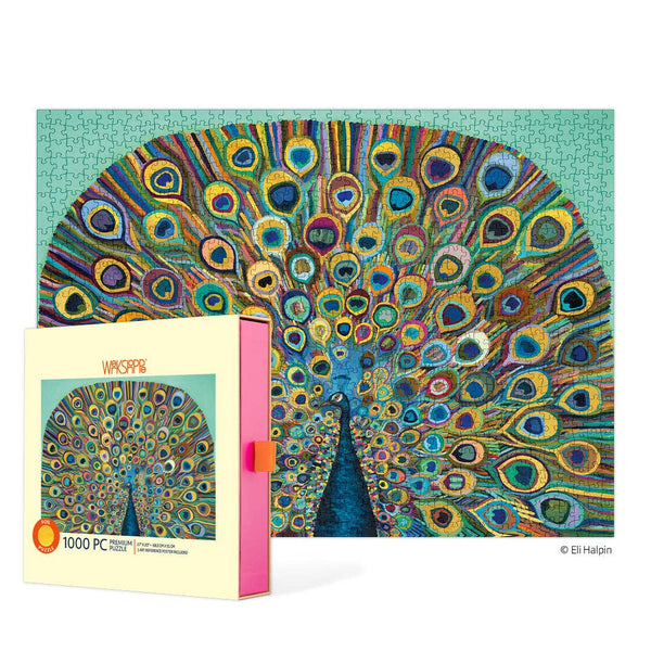 1000 piece puzzle with a colorful peacock design on a white background