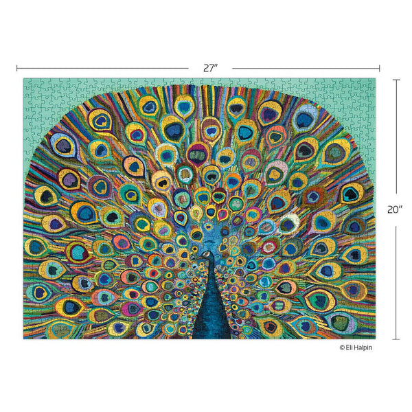 Colorful peacock puzzle with dimensions on a green background