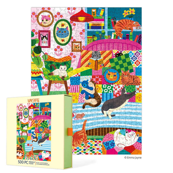 Colorful puzzle with cat-themed design and packaging on a white background