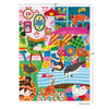 Colorful puzzle with cat-themed design and measurements on a white background