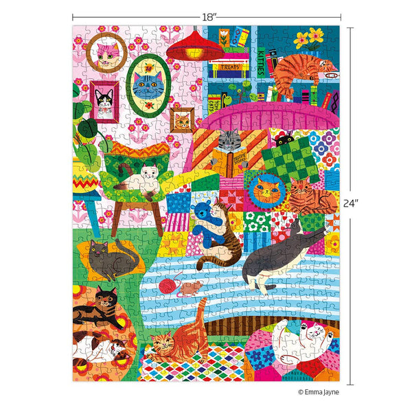 Colorful puzzle with cat-themed design and measurements on a white background
