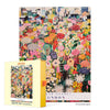 Jigsaw puzzle with colorful London flower market design and packaging on a white background
