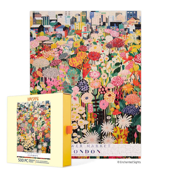 Jigsaw puzzle with colorful London flower market design and packaging on a white background