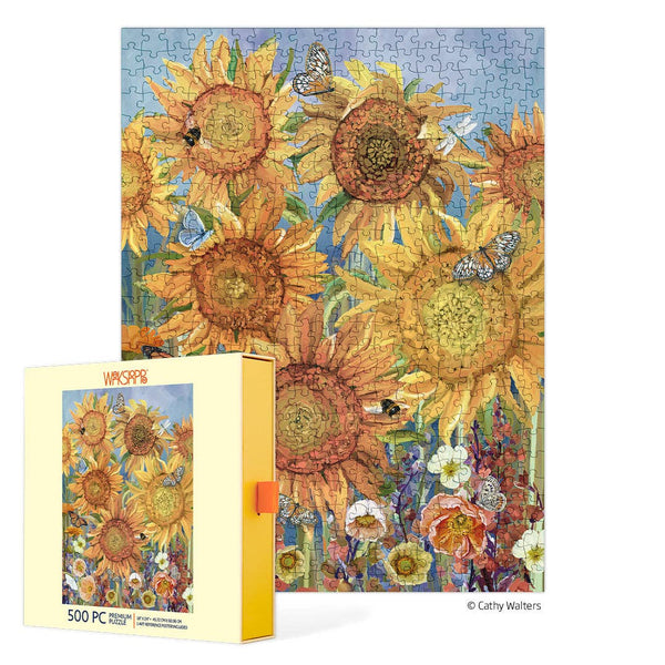 Jigsaw puzzle box with sunflower design and Werkshoppe branding against a white background.